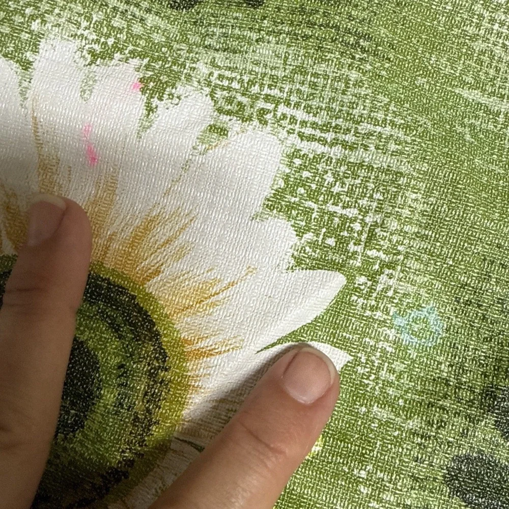 VTG 1970s Flower Power Tablecloth Fringe Hippie Daisy Oval Avocado Green 57x84